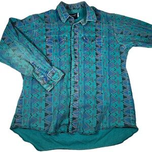 Wrangler Turquoise Brushpopper Button-Up western long sleeve vintage 90s Aztec‎
